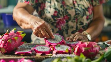 uma mulher demonstrando quão para devidamente fatia e preparar Dragão fruta para congelando Incluindo dicas para removendo a pele e sementes foto