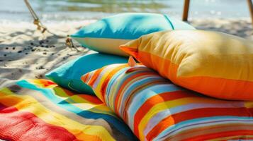 uma instantâneo do colorida de praia toalhas e almofadas lembrando leitores para trazer confortável assentos opções para máximo relaxamento durante seus piquenique foto