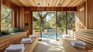 uma sauna quarto com uma Visão do uma sereno ao ar livre configuração promovendo a exclusivo Filiação camada com Acesso para ao ar livre saunas. foto