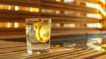 uma vidro do água com fatias do limão flutuando dentro p ao lado a sauna simbolizando a limpeza efeito do desintoxicação. foto