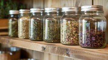 uma vidro jarra preenchidas com seco ervas etiquetado e organizado em uma cozinha estante para fácil Acesso quando cozinhando foto