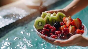 uma pessoa Beliscando em fresco frutas dentro uma sauna destacando a importância do consumindo rico em água alimentos para hidratação. foto