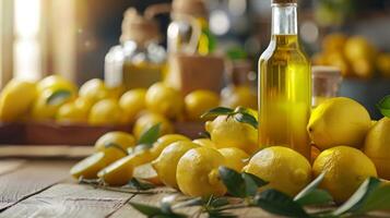 uma pilha do vibrante amarelo limões e uma garrafa do orgânico prensado a frio limão infundido óleo perfeito para adicionando zing para pratos foto