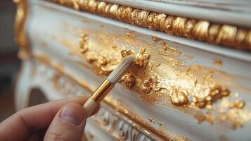 uma detalhe tiro do uma pintores mão segurando uma pequeno escova cuidadosamente adicionando ouro folha acentos para uma avião branco cômoda transformando isto para dentro uma luxuoso e único peça do mobília foto