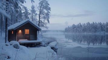 uma tradicional finlandês sauna conjunto dentro uma Nevado panorama com a oportunidade para levar uma refrescante mergulho dentro uma perto gelado lago. foto