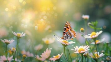 uma sereno imagem do uma flores silvestres Prado com uma borboleta alimentando em uma flor destacando a importância do criando polinizadoramigável jardins para uma próspero ecossistema foto