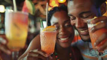 uma casal inclina-se dentro para uma mordida do a mesmo prato cada bebericando em uma diferente mocktail e saboreando a cortesia sabores foto