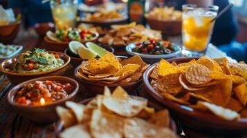 uma mesa preenchidas com vários tipos do salgadinhos mergulhos e bebidas pronto para estar devorado de uma encontro do homens foto