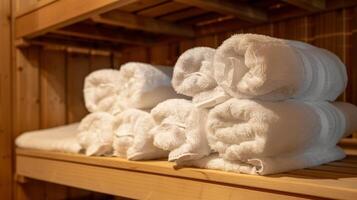 uma pilha do fofo branco toalhas ordenadamente guardada em uma estante dentro a sauna quarto pronto para participantes para usar e substituir depois de seus sessão. foto