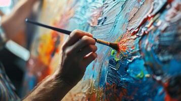 uma homem pintura em uma tela de pintura imerso dentro a criativo processo e livre a partir de a distrações do tecnologia foto