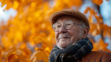 Como a folhas mudança cores a idosos homem goza a outono clima enquanto respondendo para cliente inquéritos para dele passiva renda risco foto