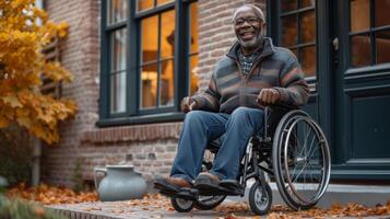 uma sorridente Senior sem esforço manobrando seus cadeira de rodas através uma alargado porta com uma sentido do independência e liberdade dentro seus próprio casa foto