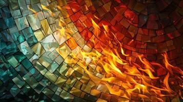 a vibrante cores do uma mosaico escultura estão acentuado de a âmbar chamas criando uma hipnotizante contraste do luz e escuro. 2d plano desenho animado foto