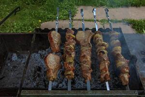 cozinhando kebabs em uma grade com fumaça. fresco Castanho churrasco carne cozinhou em a ao ar livre grade foto