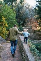 Papai conduz uma pequeno menina de a mão ao longo uma pedra cerca caminhando ao longo uma pavimentou caminho dentro a parque. costas Visão foto