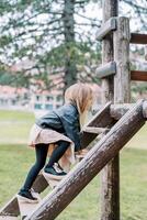 pequeno menina sobe a de madeira escadas em a Parque infantil dentro a parque. lado Visão foto