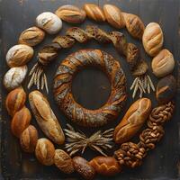 uma grupo do diferente tipos do pão estão arranjado dentro uma círculo foto