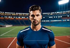 confiante masculino atleta dentro roupa de esporte às uma estádio às noite, representando conceitos do saúde e fitness, relacionado para Esportes eventos e Treinamento sessões foto