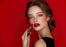 lindo menina com vermelho lábios e clássico Maquiagem com batom dentro mão gerado de ai. foto