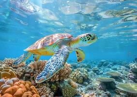 uma verde mar tartaruga com uma Difícil Concha nada dentro a profundo mar com brilhantemente colori coral recifes gerado de ai. foto