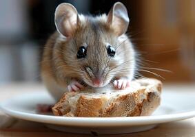 uma rato é comendo a pão dentro a prato gerado de ai. foto