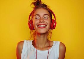 jovem mulher vestindo branco camiseta dentro moderno vermelho fones de ouvido em amarelo fundo gerado de ai. foto