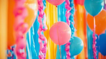a evento é decorado com colorida serpentinas e balões criando uma festivo e convidativo atmosfera foto