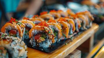 com uma mistura do tradicional japonês ingredientes e tropical frutas esses Sushi rolos oferta uma doce e salgado sabor explosão foto