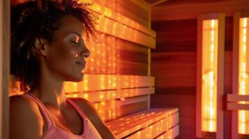 uma seção em relaxamento luzes quão infravermelho saunas pode promover uma sentido do calma e reduzir tensão dentro ambos a mente e corpo. foto