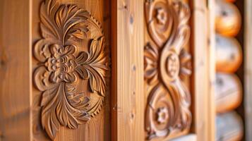 uma fechar-se do uma de madeira sauna porta revela intrincado esculturas e detalhes destacando a cultural significado do saunas dentro certo regiões. foto