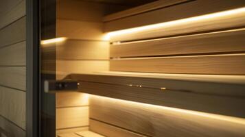 uma lustroso e moderno sauna equipado com economia de energia conduziu luzes e uma reciclado vidro porta para máximo sustentabilidade. foto