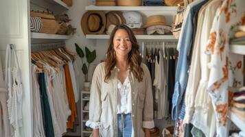 uma mulher é mostrando dentro dela andando armário de roupa preenchidas com sustentável moda peças dentro uma variedade do estilos e cores provando este sustentabilidade e pessoal estilo pode ir mão dentro mão foto