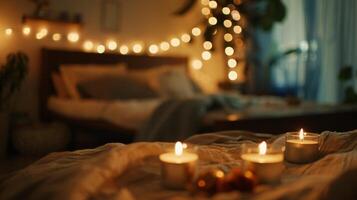 a tremeluzente velas trazer uma sentido do serenidade e tranquilidade para a quarto. 2d plano desenho animado foto