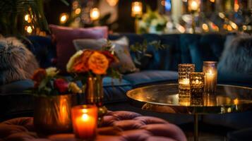 uma acolhedor salão configuração com pelúcia veludo sofás e suave luz de velas fornece a perfeito atmosfera para uma noite do jazz e suco foto
