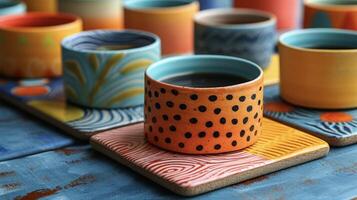 uma conjunto do pintado à mão cerâmico porta-copos cada 1 exibindo uma único Projeto e adicionando uma toque do caprichoso para uma café mesa foto