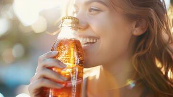 uma pessoa segurando uma garrafa do gengibre cerveja uma não alcoólico preparar e sorridente Como elas levar uma trago demonstrando a agradável e refrescante gosto foto