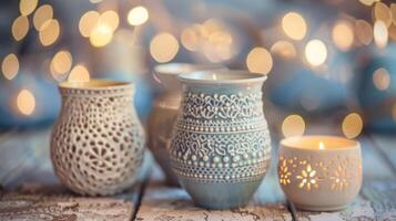 uma do pequeno cerâmico vasos adornado com uma misturar do delicado renda e crochê padrões dando eles uma encantador vintage olhar. foto