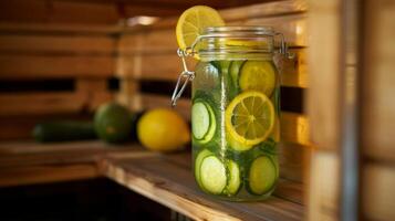 uma jarra do refrescante pepino e limão água senta em uma estante dentro uma sauna encorajando convidados para hidrato ao longo seus Visita. foto