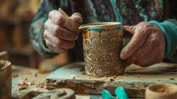 uma homem habilmente escultura intrincado desenhos para dentro uma quadra do madeira dele caneca do quente hortelã-pimenta chá guardando ele caloroso Como ele trabalho foto