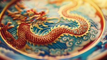 uma tradicional chinês porcelana prato exibindo uma hipnotizante gravado Dragão Projeto dentro vibrante cores. foto