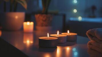 aromaterapia velas tremeluzente dentro a baixo luz do a massagem quarto criando uma calmante atmosfera e adicionando para a sensorial experiência. foto