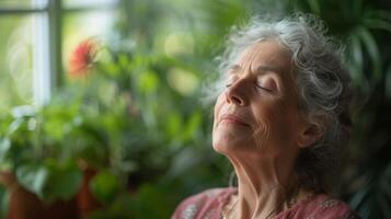 uma fechar-se do uma Senior mulher face Como ela práticas uma guiado respiração exercício dela sereno expressão e a reconfortante atmosfera do dela interior cheio de plantas espaço promoção foto