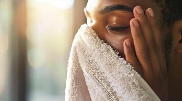 uma pessoa segurando uma toalha para seus face respiração dentro a eucalipto ou lavanda óleos adicionado para a sauna promovendo relaxamento e estresse alívio para articulação saúde. foto