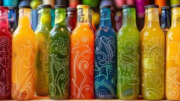 uma linha do prensado a frio suco garrafas dentro vibrante cores adornado com desenhado à mão etiquetas foto