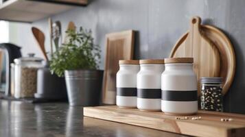 uma conjunto do minimalista cerâmico e frascos com suave fosco termina e simples Preto rótulos. a moderno Projeto acrescenta uma toque do elegância para qualquer cozinha bancada. foto