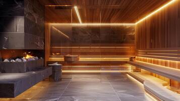 a sauna é equipado com Estado da arte tecnologia tal Como temperatura ao controle e Customizável iluminação para a final conforto e relaxamento. foto