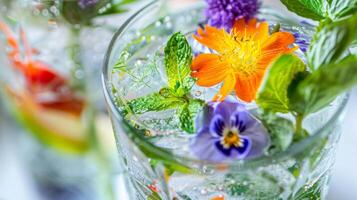 uma fechar-se do uma mocktail fez com fresco ervas frutas e espumante água servido dentro uma chique vidro e enfeitado com uma colorida comestível flor foto