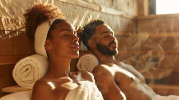 uma casal relaxante dentro a sauna com separado assentos e toalhas para manter pessoal espaço e higiene. foto