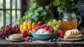 uma rústico Fazenda mesa conjunto com uma colorida matriz do fresco frutas uma tigela do caseiro grego iogurte uma fatia do todo grão torrada com amêndoa manteiga e banana fatias e uma vapor foto