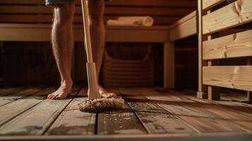 a Individual suavemente varrendo a sauna chão antes e depois de usar para garantir limpeza e evita Deslizamento. foto